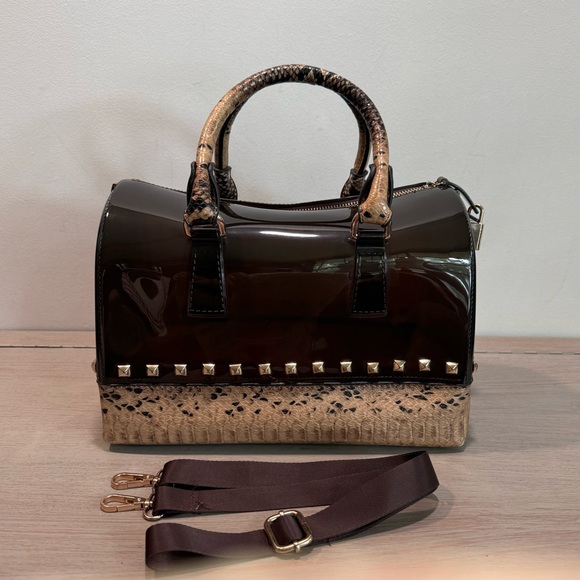 Large Studded Jelly & Faux Snakeskin Duffle Shaped Bag Oversized Purse Y2K Glam‎ - Picture 1 of 9